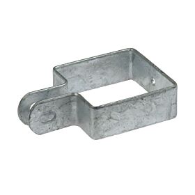 A square-shaped hot dip galvanized steel end bracket designed for securing chain link mesh fencing to square posts.
