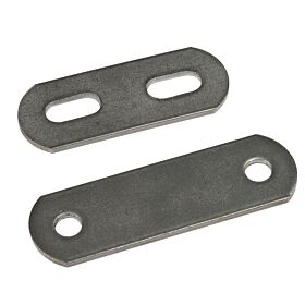 Two flat stainless steel 304 closing plates with rounded ends, showing one with circular holes and one with slotted openings.