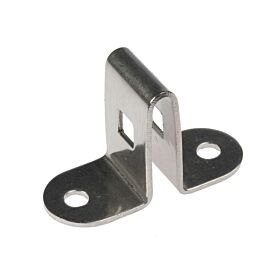 A polished stainless steel 304 mounting bracket for double wire mesh panels featuring two screw holes and square cutouts.