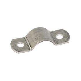 A durable stainless steel half saddle bracket strip with two circular holes for mounting on a flat surface.