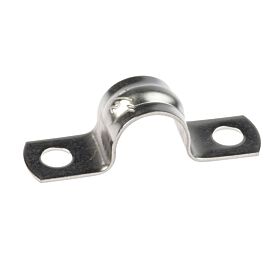 A silver stainless steel two-hole saddle pipe clip designed for securely mounting 20mm pipes against flat surfaces.