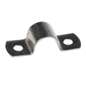 A silver stainless steel saddle pipe clip with a central U-shaped bend and two flat mounting holes on either side.