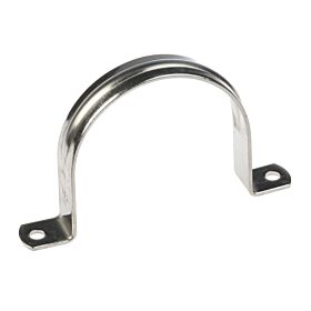 A durable stainless steel 304 U-shaped saddle pipe clip with two pre-drilled mounting holes for securing pipes or cables.
