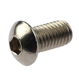 Close-up of a stainless steel button head socket cap screw with a hexagonal drive and threaded metal shank.