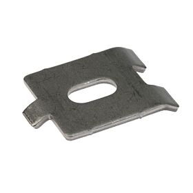 A flat stainless steel corner connector with an oval center hole designed for securing mesh panel fence sections together.