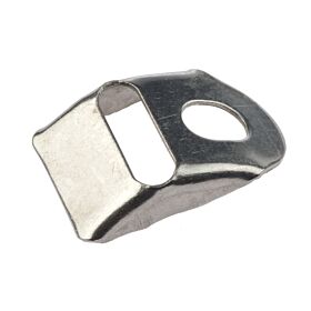 Small curved stainless steel corner reinforcement piece for mesh panel fencing with a rectangular opening and a circular screw hole.