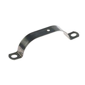 A stainless steel end strap connector with a curved bridge design and three mounting holes for securing pipes or tubes.