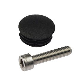 A stainless steel M8 bolt with a socket head next to a textured black plastic ribbed end cap.