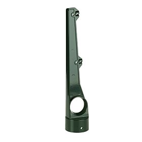 A straight dark green aluminum barbed wire holder with two attachment points, designed for mounting onto a fence post.