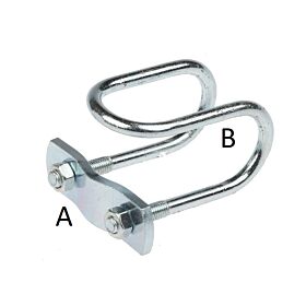A silver-colored zinc-plated wire clamp assembly featuring a U-shaped loop and a flat plate secured by nuts.
