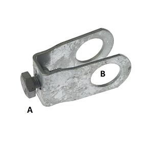 A hot-dip galvanised TJ 145 cross-connection clamp featuring a hex bolt and two large circular pipe openings.
