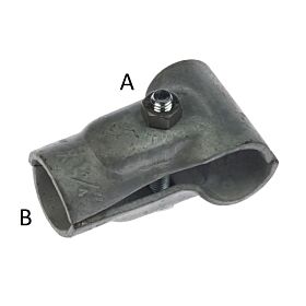 A two-part hot-dip galvanised metal T-clamp with a bolt and nut, designed to connect pipes securely.
