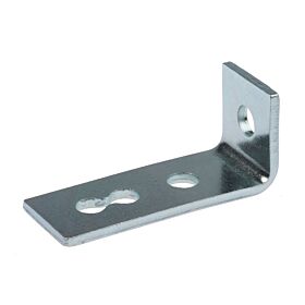 An L-shaped metal bracket with a zinc-plated finish, featuring three pre-drilled holes for secure mounting and structural support.