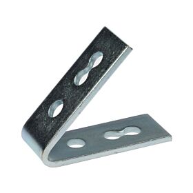 A zinc-plated metal 4-hole angle bracket bent at forty-five degrees for securing and mounting strut channel support systems.