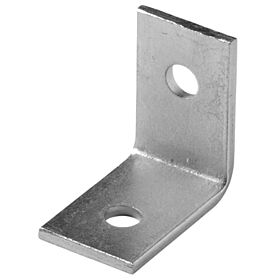 A silver zinc-plated L-shaped metal angle bracket with two pre-drilled holes for mounting and structural support in various applications.