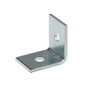 Zinc plated L-shaped metal bracket with two mounting holes, designed for 90 degree corner support and structural reinforcement.