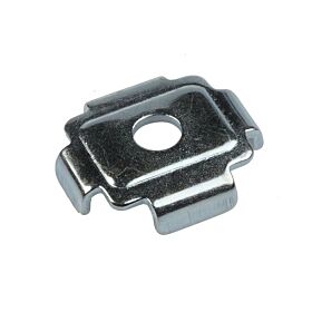 High-quality zinc-plated silver combi profile holder featuring a central circular hole and four sturdy bent-down edge tabs for support.