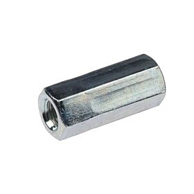 A single zinc-plated hexagonal connection nut with internal threading, positioned diagonally on a plain white background.