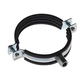 Zinc-plated metal pipe hanger clamp with black rubber insulation and a threaded nut for mounting.
