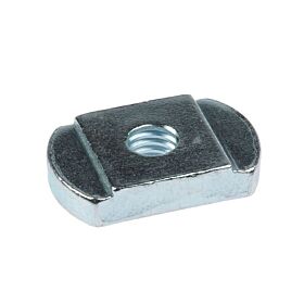A small rectangular zinc-plated slide nut with a central threaded hole and rounded ends for profile rail attachment.