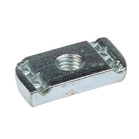 A rectangular zinc-plated slide nut with a threaded center hole and serrated edges for secure strut channel attachment.