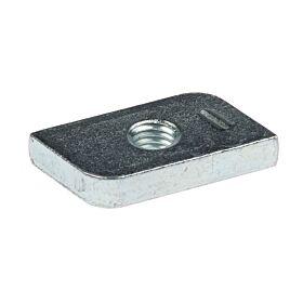 A rectangular zinc-plated metal sliding nut with a central threaded hole, designed for secure fastening in strut channel systems.