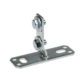 Zinc-plated steel support flange with a slotted mounting base and a vertical attachment piece secured by two bolts.
