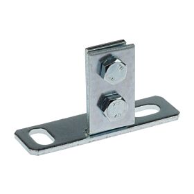 A zinc-plated metal support flange with a slotted flat base and a vertical bracket held by two hexagonal bolts.