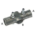 A hot-dip galvanised 2-bolt cross joint clamp for connecting perpendicular pipes, featuring instructional labels A and B.