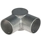 A silver metal 3-way external corner piece used for joining 60mm diameter tubes at ninety-degree angles.