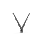 3D animation of the patented modular barbed wire bracket system for perimeter fences, showing straight arms, 45° and 60° angled arms, plus double Y-arms connected to interchangeable post caps for 60x60, 60x40 and ø60 posts. Lightweight aluminium parts wit