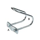 An angled electro-galvanized metal thread clamp with a U-bolt, backing plate, and two hex nuts, labeled with A and B.