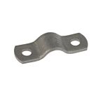 Black metal half saddle bracket strip featuring two mounting holes, designed for securing pipes or cables to flat surfaces.
