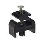 A black plastic mesh panel clamp designed for box sections featuring a central aluminum pin for secure and durable fastening.