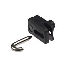 A black plastic tension wire holder shown next to a small stainless steel U-shaped pin on a white background.
