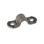 A black metal saddle bracket strip with a U-shaped bend and two pre-drilled holes for secure mounting on flat surfaces.