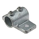A galvanized metal cast fascia board bracket featuring a pipe sleeve, two hex screws, and a flat mounting base.