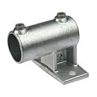 A hot-dip galvanized cast iron offset railing side support with a horizontal pipe opening and two adjustable hex set screws.