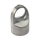 A silver-colored aluminum loop cap featuring a circular hole on top, designed for securing top rails on fence posts.