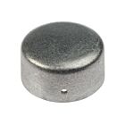 A close-up view of a plain silver round aluminum post cap with a small hole on the side.