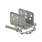 A U-shaped hot-dip galvanised steel locking clamp featuring multiple holes and a tethered metal pin for secure fastening.