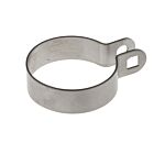 A circular stainless steel end bracket featuring two mounting tabs with square and round holes for securing pipes.