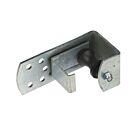 An electrolytically zinc plated metal bracket with a black plastic diabolo roller and multiple mounting holes on a white background.