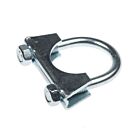 A silver, zinc-plated M8 exhaust U-bolt clamp featuring a saddle and two nuts on a white background.