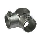 A hot-dip galvanized three-way cast iron tube connection fitting with set screws for secure pipe assembly and corner joining.