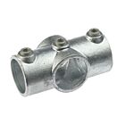 A silver hot-dip galvanized cast iron cross connection fitting with three grub screws for securing pipes in structural rail projects.