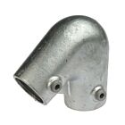 Durable hot-dip galvanised cast iron two-way elbow fitting featuring two adjustable set screws against a white background.