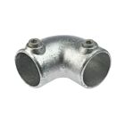 A durable hot-dip galvanised cast iron 90-degree 2-way elbow tube clamp fitting with two hex socket set screws.