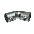 Hot-dip galvanised cast iron swivel elbow fitting with two adjustable pipe sockets and hex set screws for secure connections.