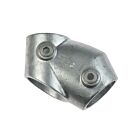 Galvanised cast iron adjustable tee fitting for connecting structural pipes at 30 to 60 degree angles using hex screws.